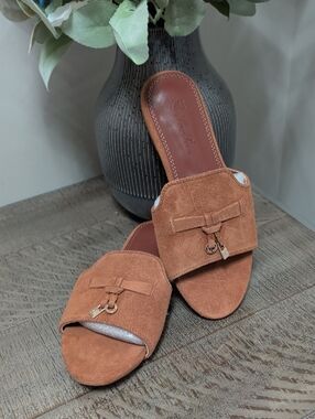 Suede Slide Sandals With Bow